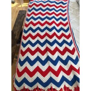 vintage hand crocheted Red White Blue Throw Blanket 39in‎ W X 72 in L GWB002